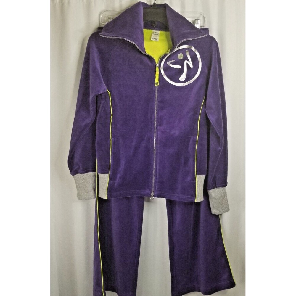 Zumba Women's Track Suit Purple Velour Lime Green Trim Sizes M/L Vintage ?